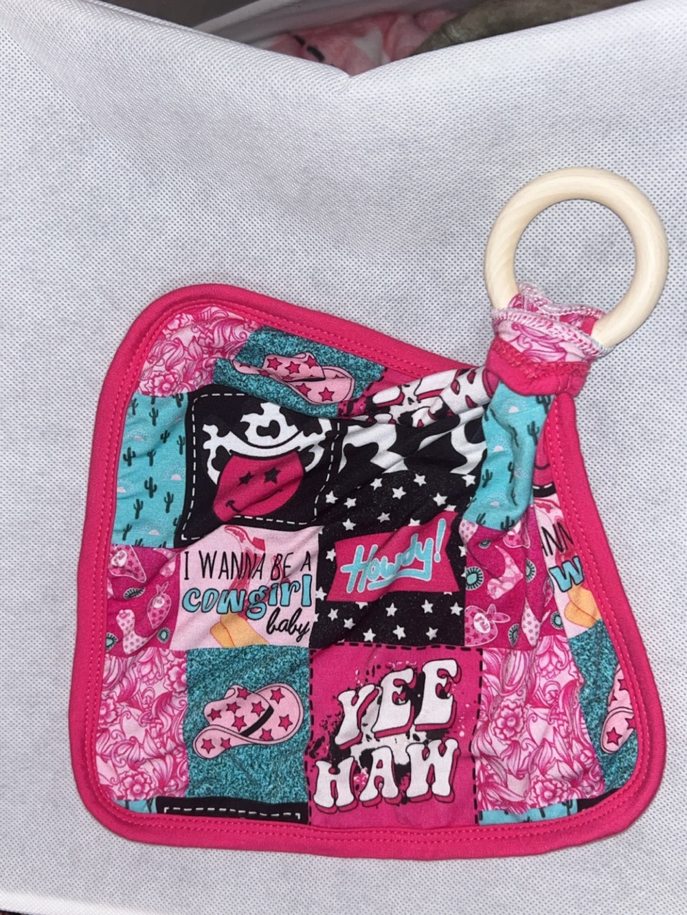 Kids Pink Patchwork Bamboo Lovey with Wood Ring